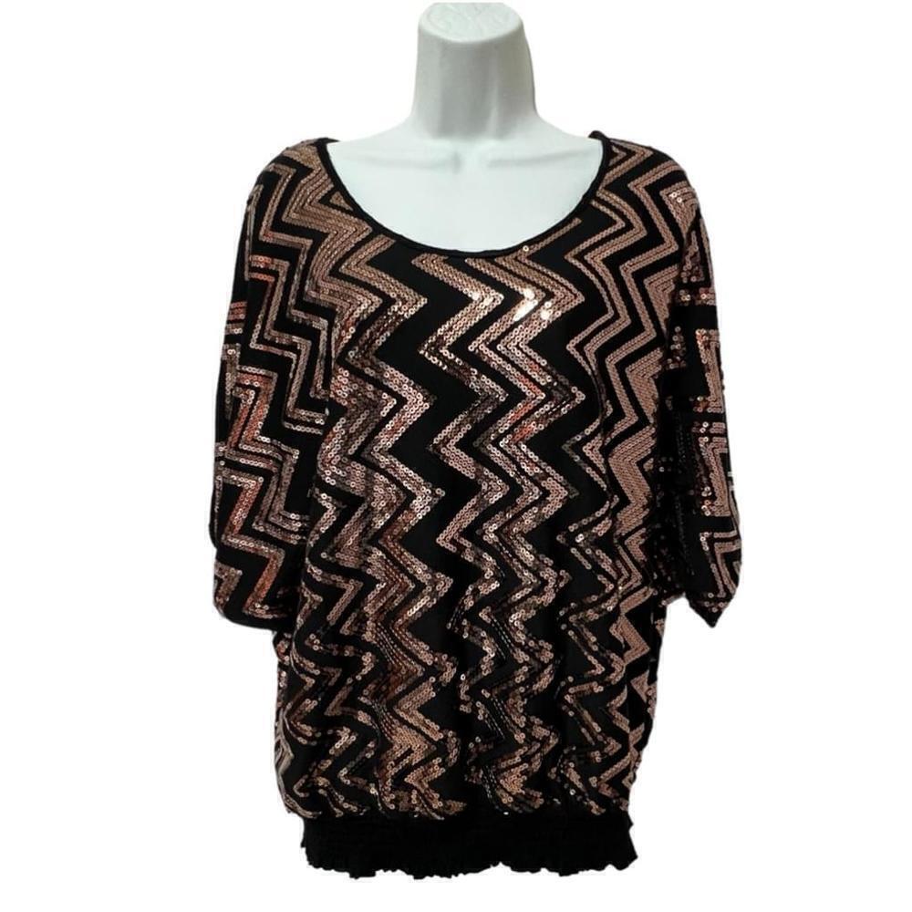 MONAMIE Women’s Black & Gold Sequence Dolman Sleeve Blouse, Size XL